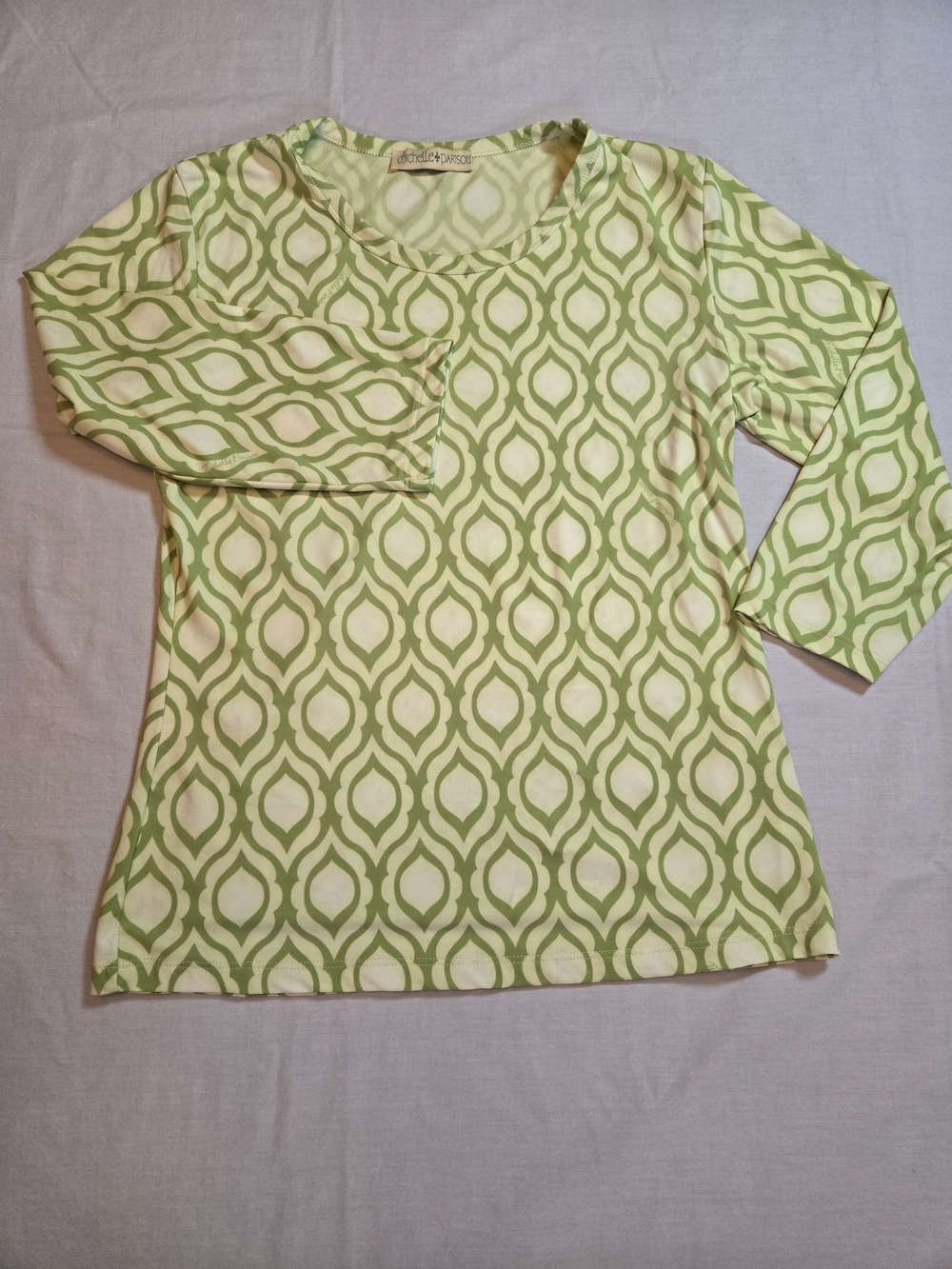 Women's Lime Green Geometric 3/4 Sleeve Scoop Neck Top by Michelle Parisou